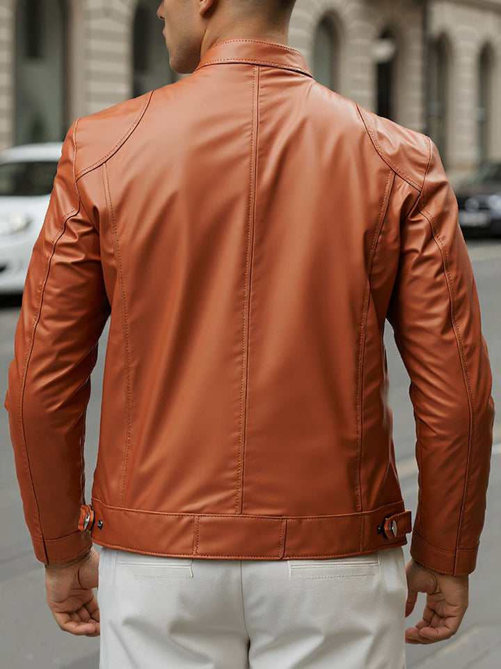 ZIPPER STAND COLLAR PU JACKET FOR MEN