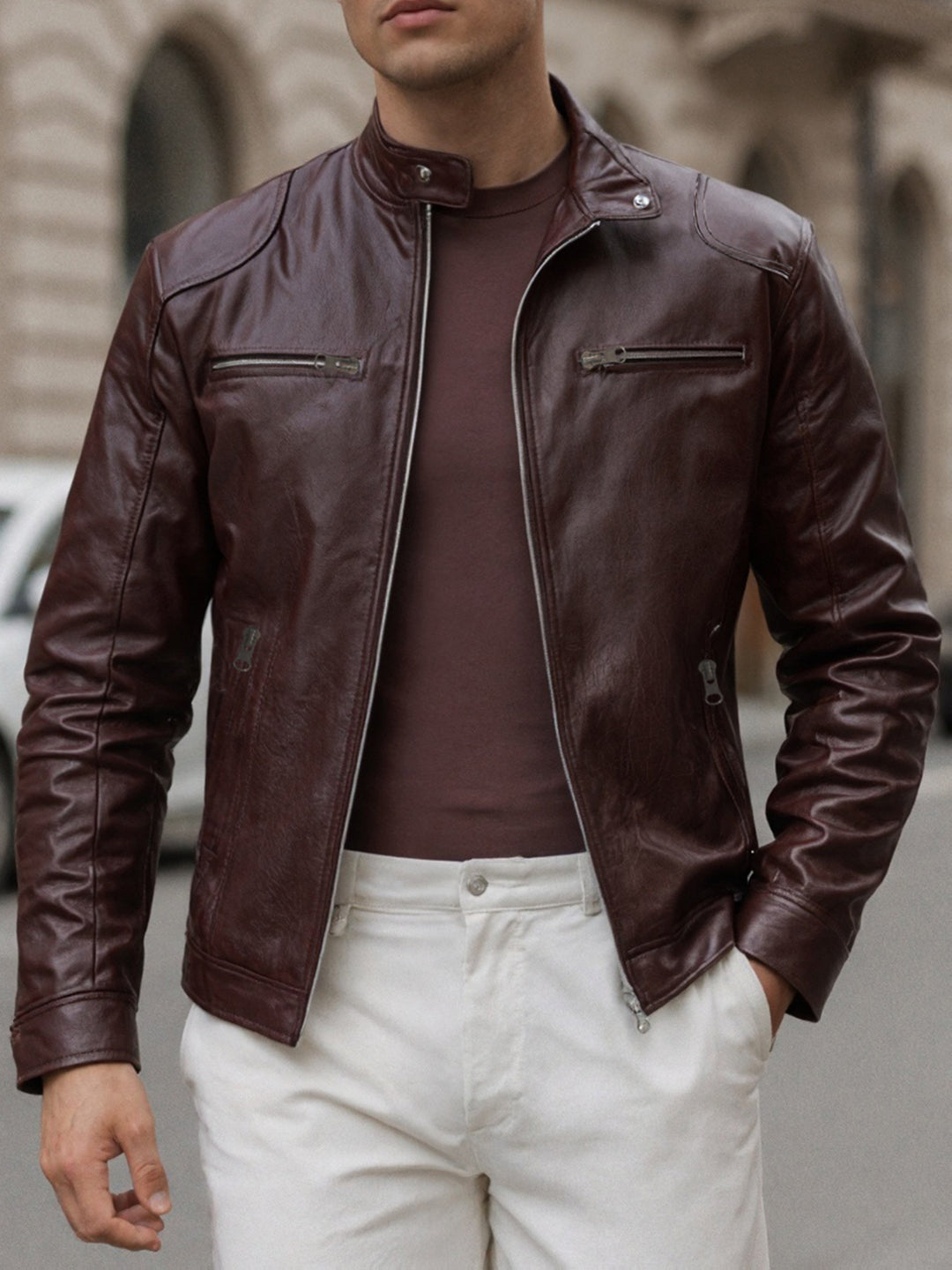 ZIPPER STAND COLLAR PU JACKET FOR MEN