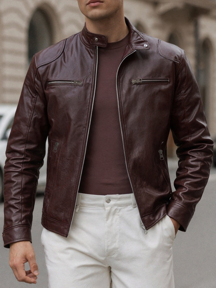 ZIPPER STAND COLLAR PU JACKET FOR MEN
