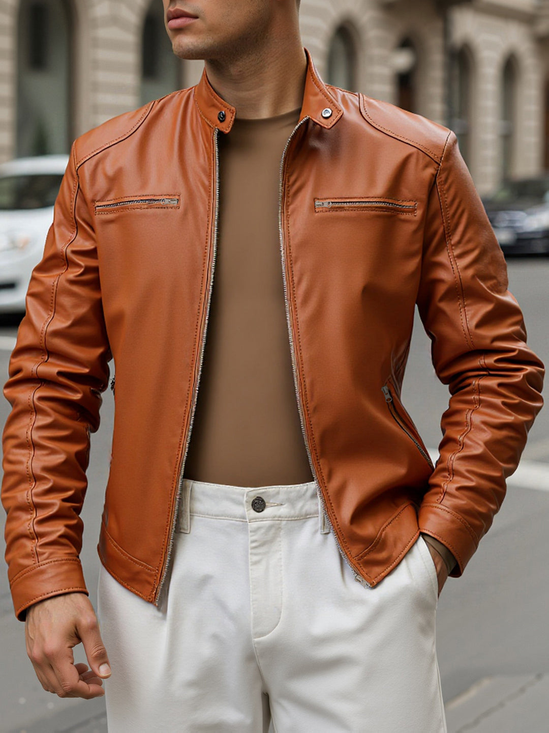 ZIPPER STAND COLLAR PU JACKET FOR MEN
