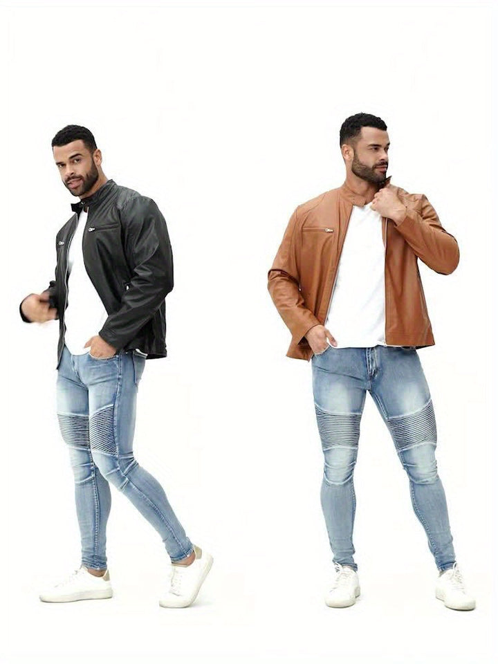 STAND COLLAR PU JACKET FOR MEN