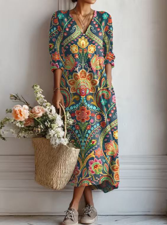 BEAUMONT NICE | ROBE MIDI EN LIN FLORAL ANCIEN POUR FEMMES