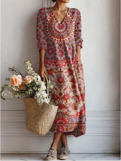 BEAUMONT NICE | ROBE MIDI EN LIN FLORAL ANCIEN POUR FEMMES