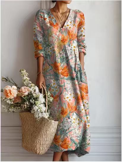 BEAUMONT NICE | ROBE MIDI EN LIN FLORAL ANCIEN POUR FEMMES
