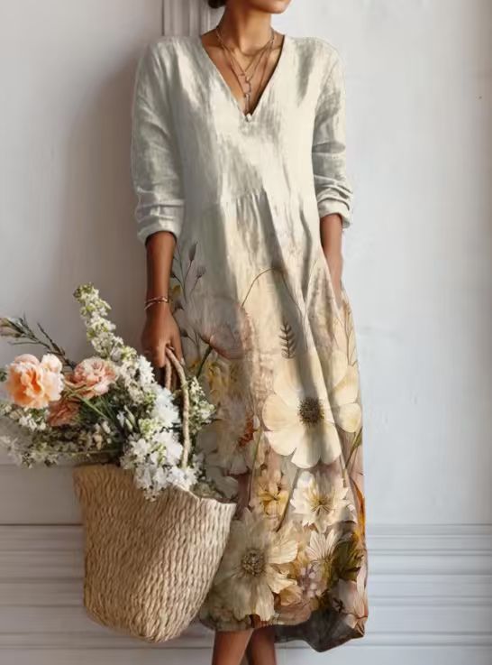 BEAUMONT NICE | ROBE MIDI EN LIN FLORAL ANCIEN POUR FEMMES