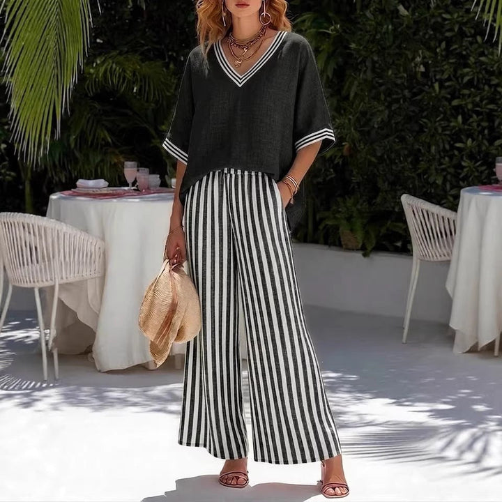 BEAUMONT NICE | ENSEMBLE DE DEUX PIÈCES AVEC HAUT À COL EN V ET PANTALON LARGE POUR FEMMES