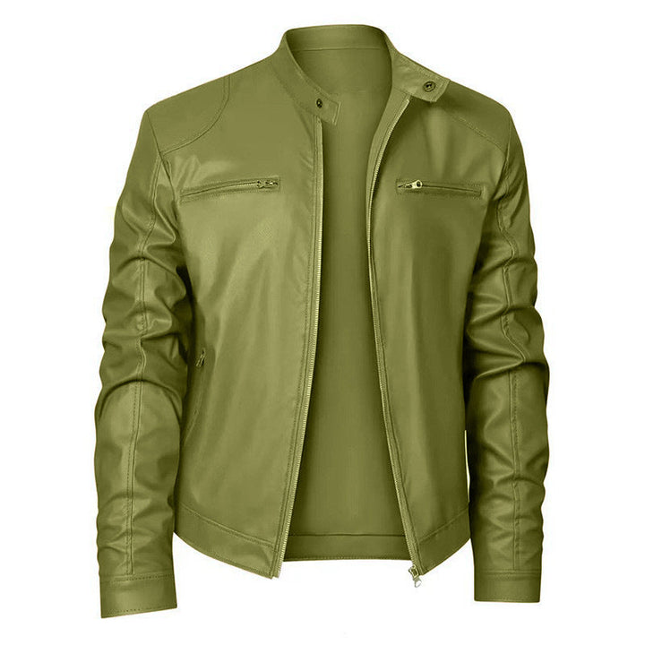 ZIPPER STAND COLLAR PU JACKET FOR MEN