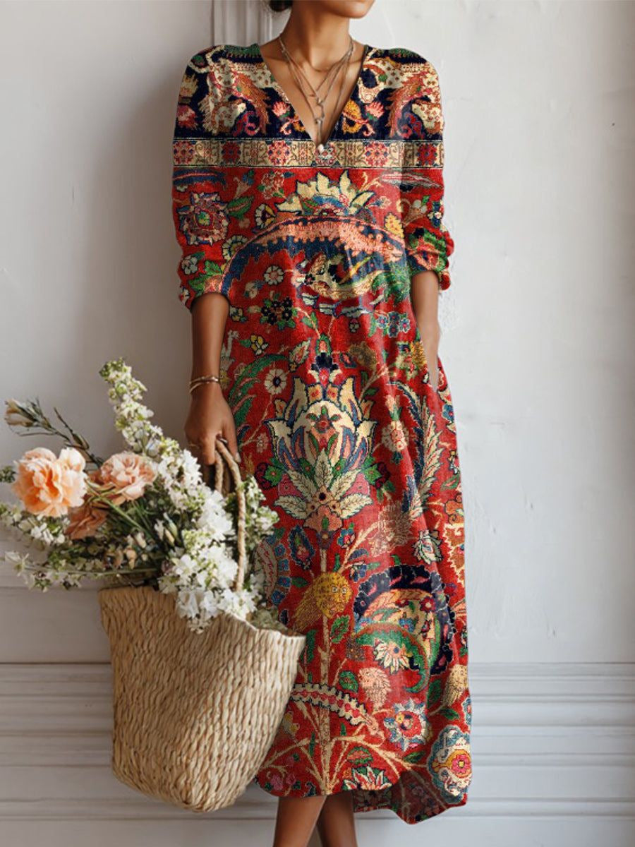 BEAUMONT NICE | ROBE MIDI EN LIN FLORAL ANCIEN POUR FEMMES