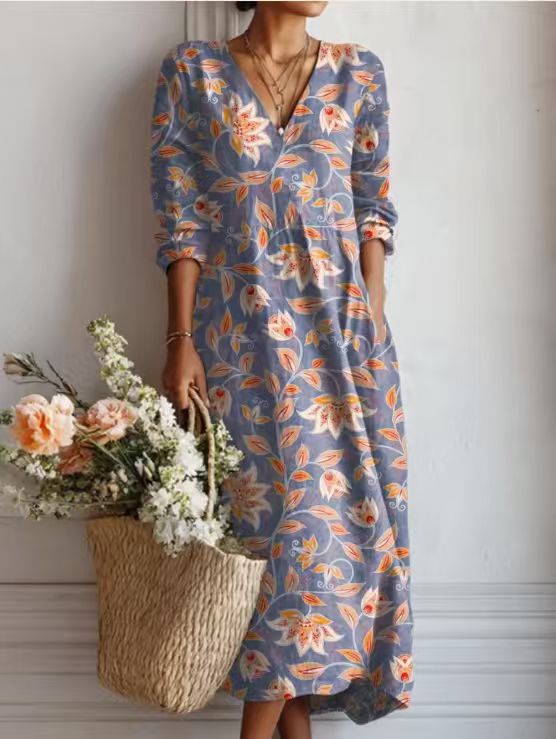 BEAUMONT NICE | ROBE MIDI EN LIN FLORAL ANCIEN POUR FEMMES