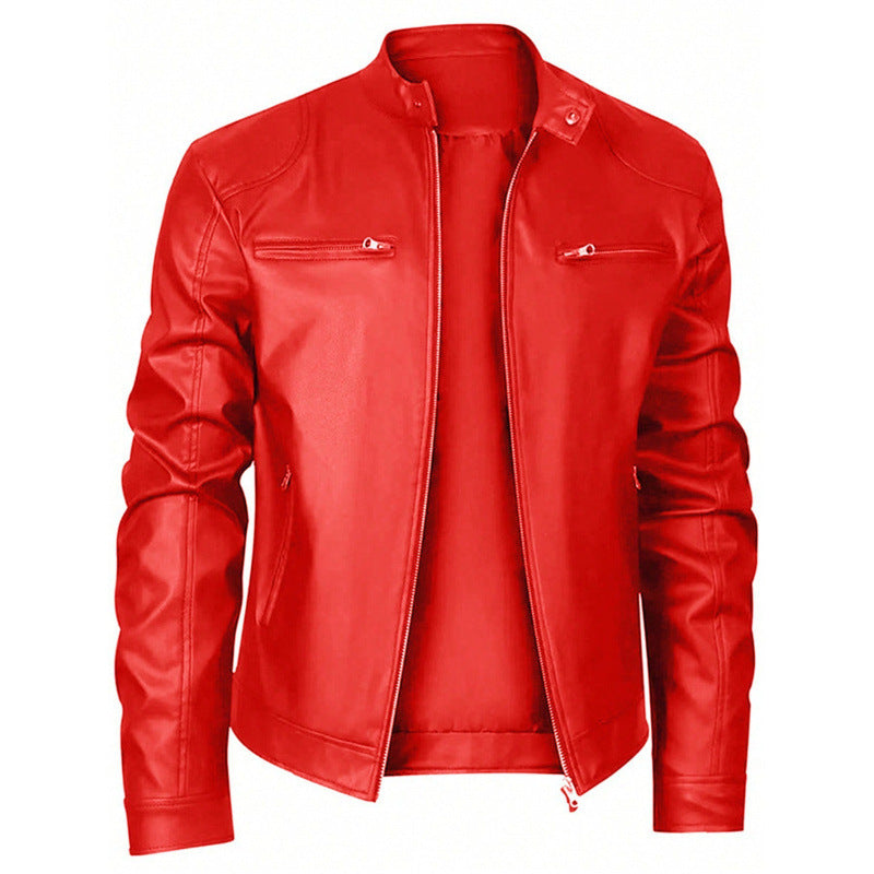 ZIPPER STAND COLLAR PU JACKET FOR MEN