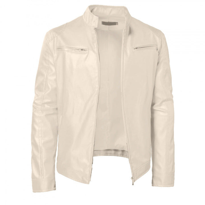 STAND COLLAR PU JACKET FOR MEN