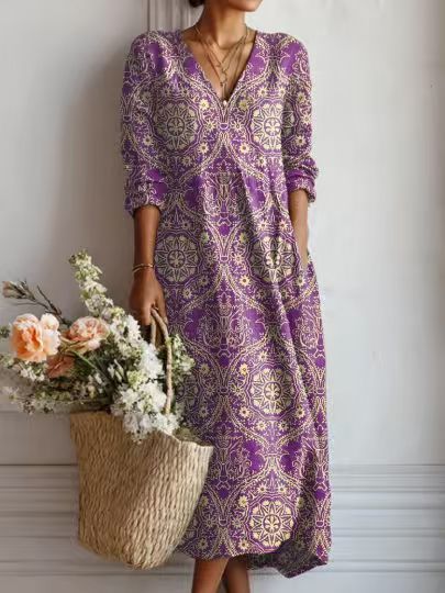 BEAUMONT NICE | ROBE MIDI EN LIN FLORAL ANCIEN POUR FEMMES