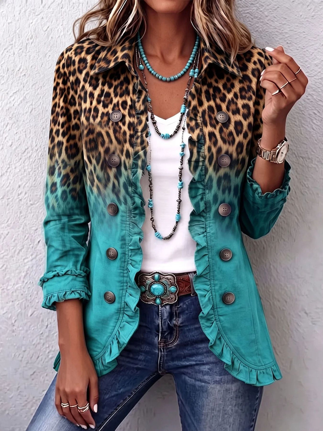 BEAUMONT NICE | VESTE À VOLANTS IMPRIMÉE LÉOPARD POUR FEMMES