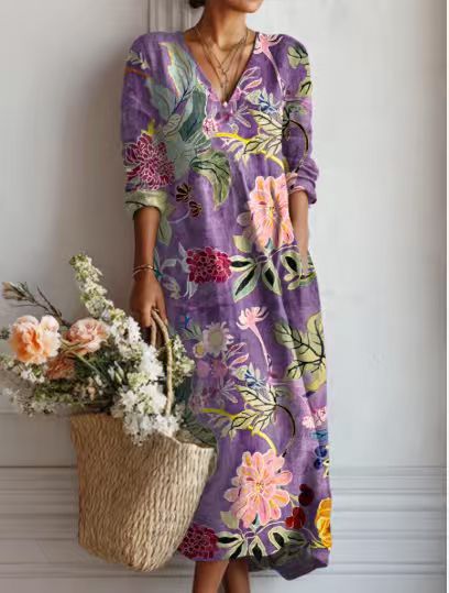 BEAUMONT NICE | ROBE MIDI EN LIN FLORAL ANCIEN POUR FEMMES