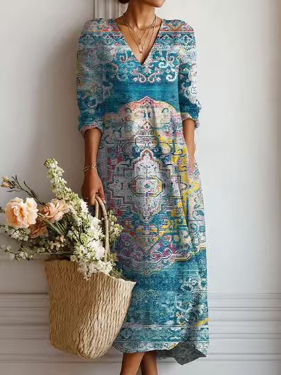 BEAUMONT NICE | ROBE MIDI EN LIN FLORAL ANCIEN POUR FEMMES