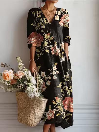 BEAUMONT NICE | ROBE MIDI EN LIN FLORAL ANCIEN POUR FEMMES