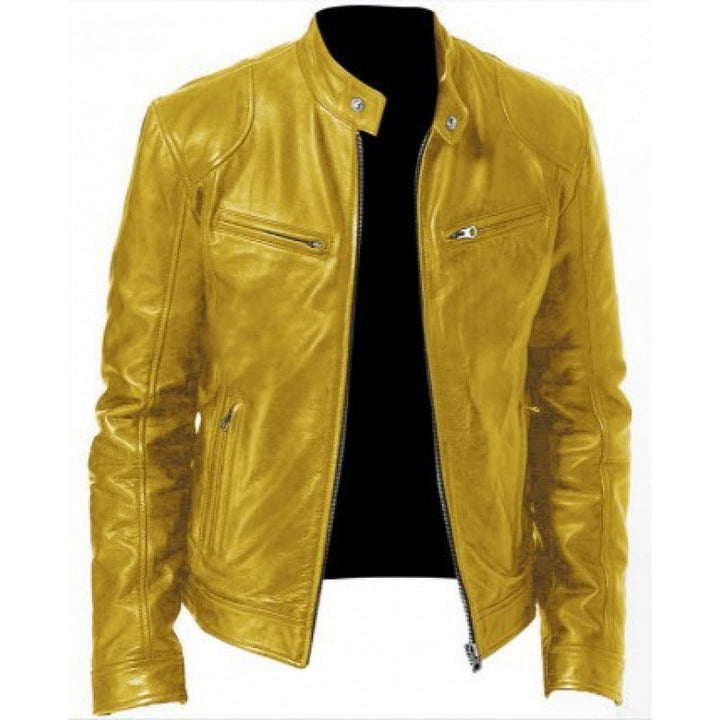 ZIPPER STAND COLLAR PU JACKET FOR MEN