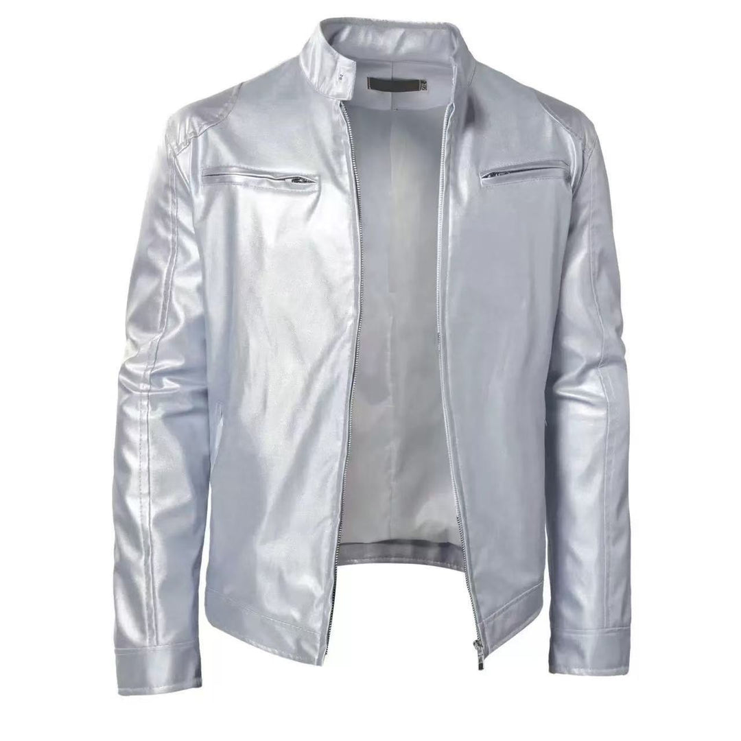 STAND COLLAR PU JACKET FOR MEN