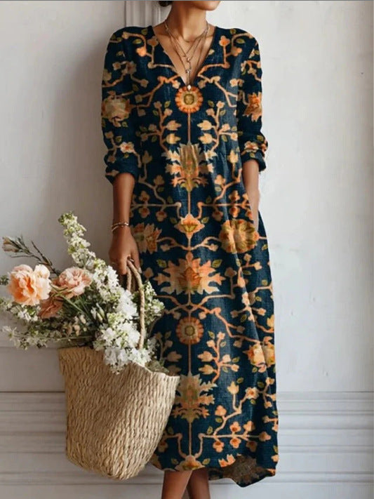 BEAUMONT NICE | ROBE MIDI EN LIN FLORAL ANCIEN POUR FEMMES
