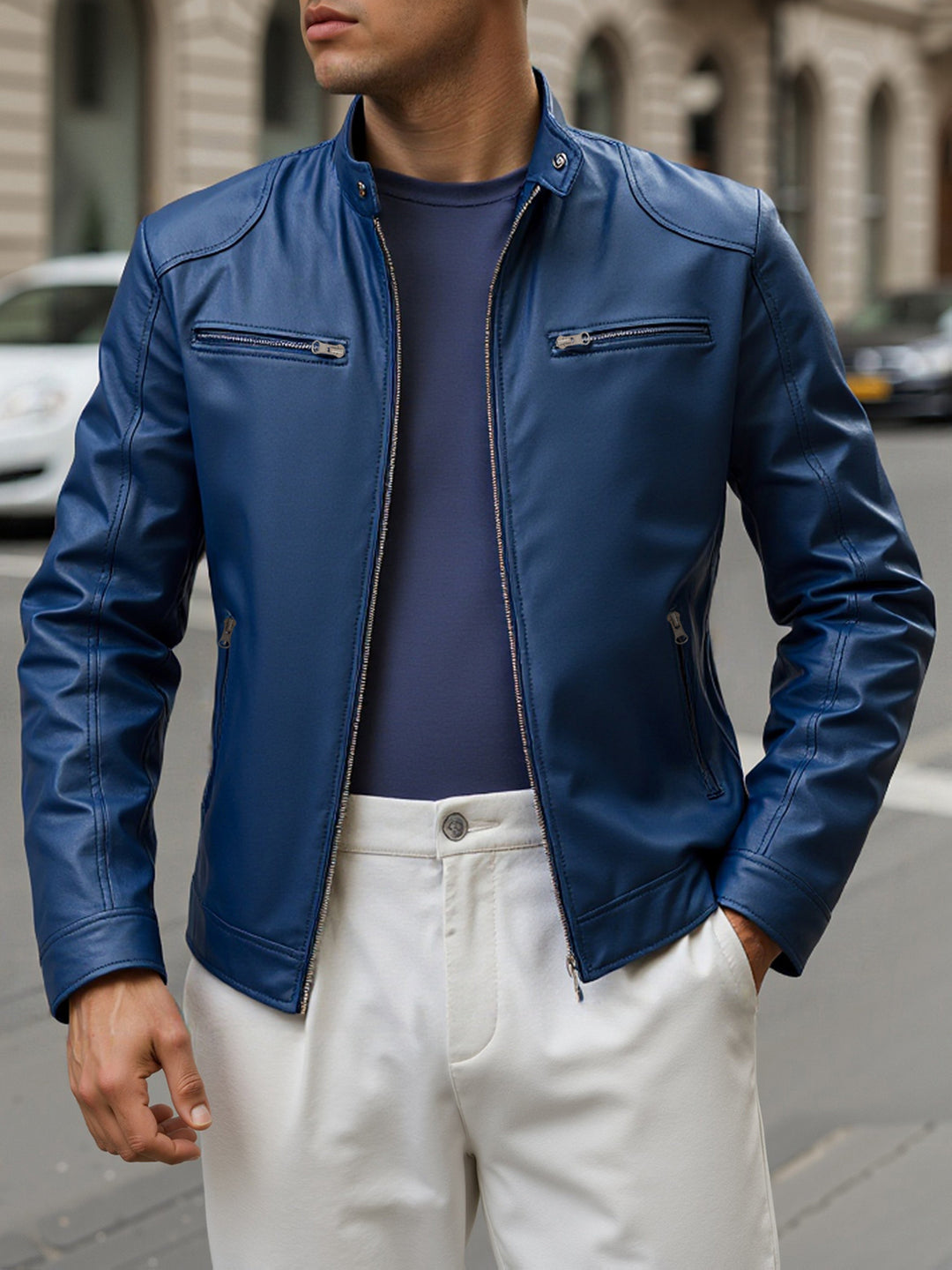 ZIPPER STAND COLLAR PU JACKET FOR MEN