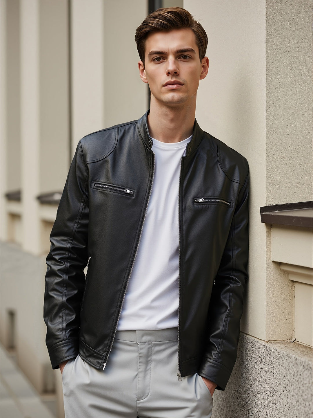 STAND COLLAR PU JACKET FOR MEN