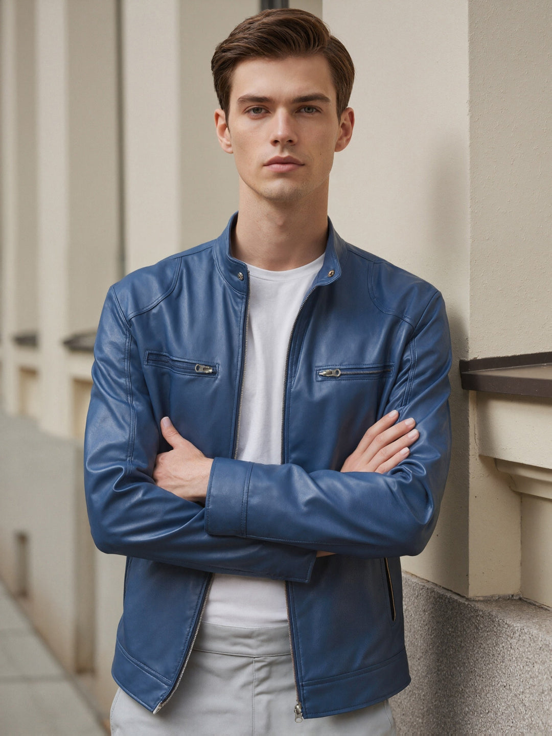 STAND COLLAR PU JACKET FOR MEN