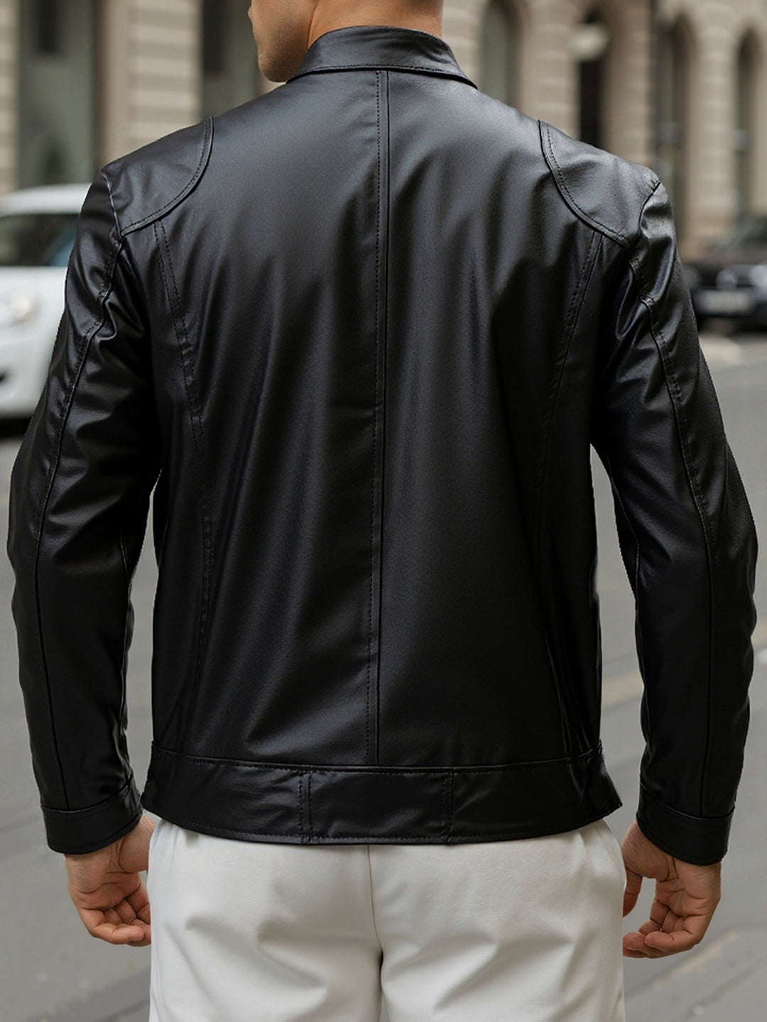 ZIPPER STAND COLLAR PU JACKET FOR MEN