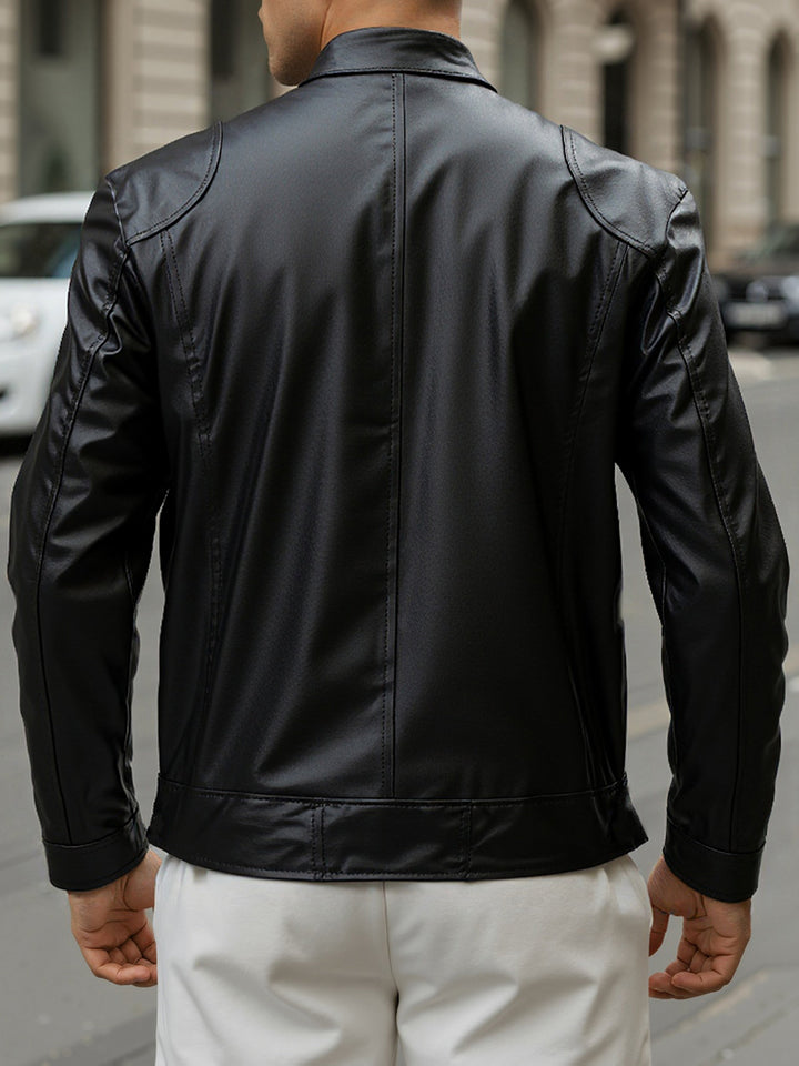ZIPPER STAND COLLAR PU JACKET FOR MEN