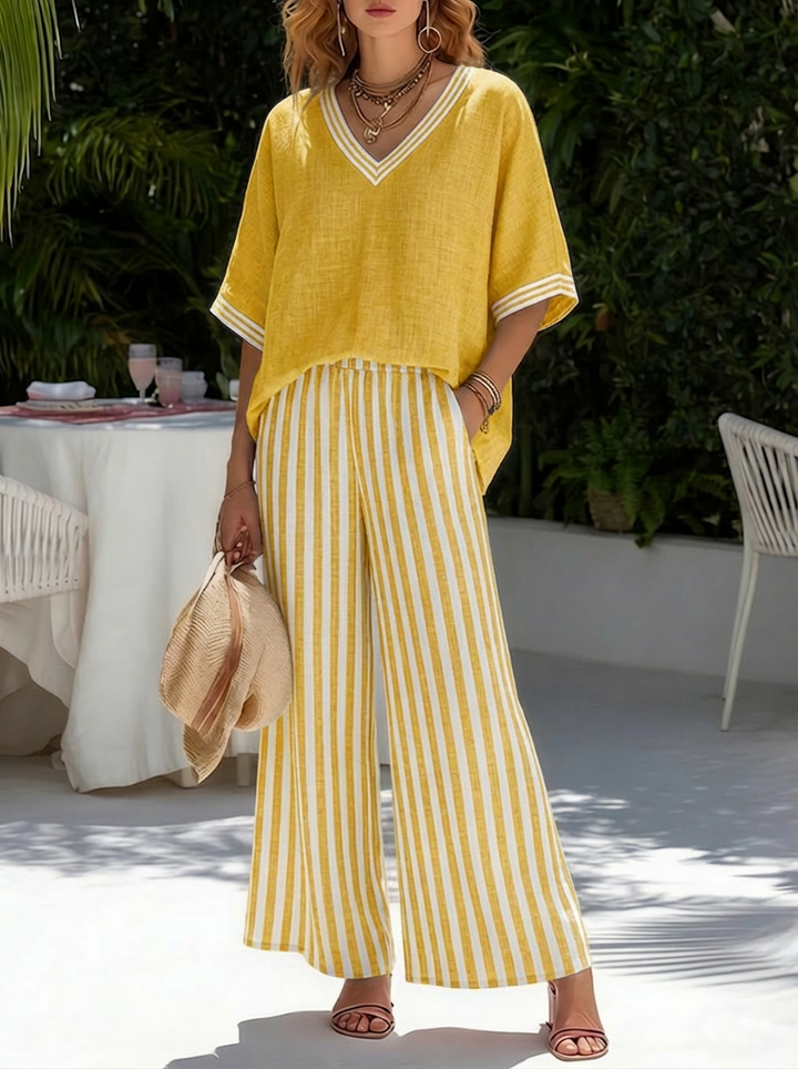 BEAUMONT NICE | ENSEMBLE DE DEUX PIÈCES AVEC HAUT À COL EN V ET PANTALON LARGE POUR FEMMES