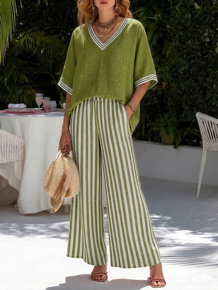 BEAUMONT NICE | ENSEMBLE DE DEUX PIÈCES AVEC HAUT À COL EN V ET PANTALON LARGE POUR FEMMES
