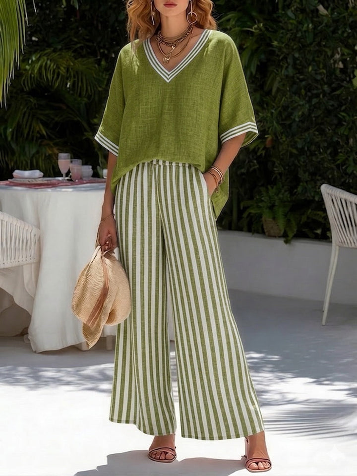 BEAUMONT NICE | ENSEMBLE DE DEUX PIÈCES AVEC HAUT À COL EN V ET PANTALON LARGE POUR FEMMES