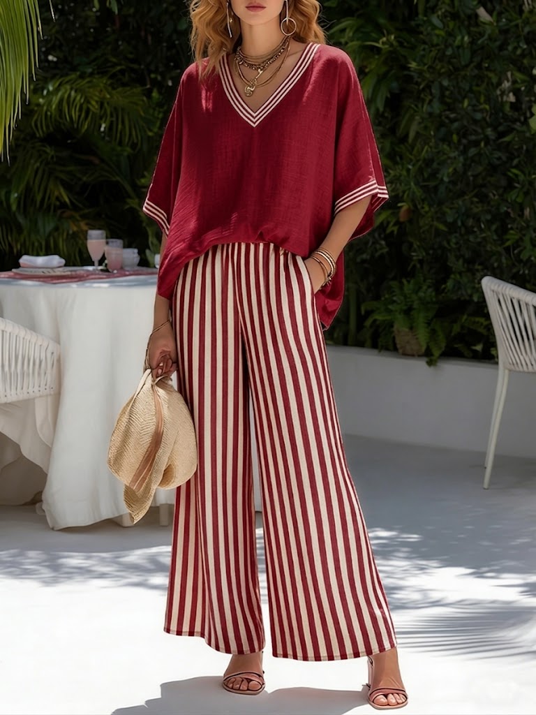 BEAUMONT NICE | ENSEMBLE DE DEUX PIÈCES AVEC HAUT À COL EN V ET PANTALON LARGE POUR FEMMES