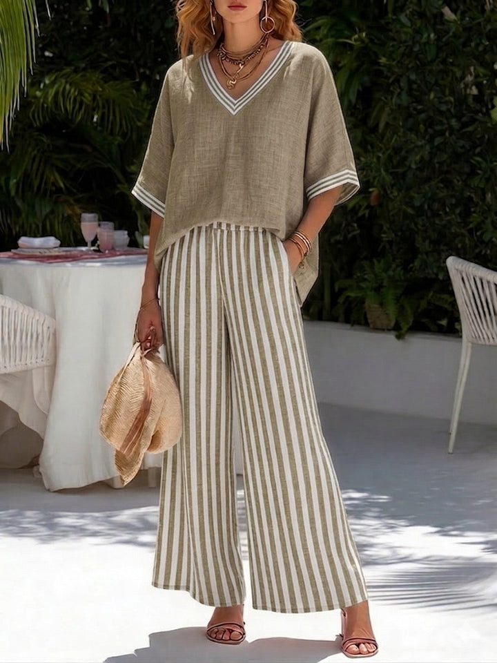 BEAUMONT NICE | ENSEMBLE DE DEUX PIÈCES AVEC HAUT À COL EN V ET PANTALON LARGE POUR FEMMES