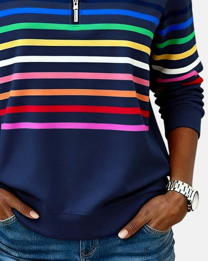 BEAUMONT NICE | SWEAT-SHIRT À COL ZIPPER QUART DE LONGUEUR RAYÉ POUR FEMMES