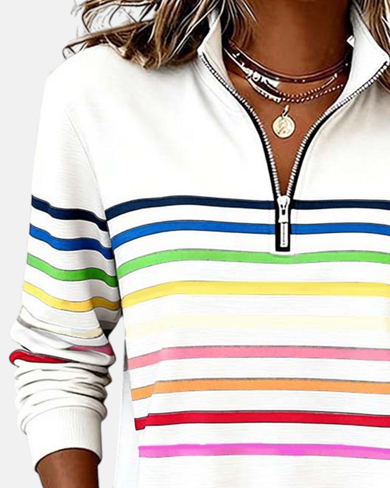 BEAUMONT NICE | SWEAT-SHIRT À COL ZIPPER QUART DE LONGUEUR RAYÉ POUR FEMMES