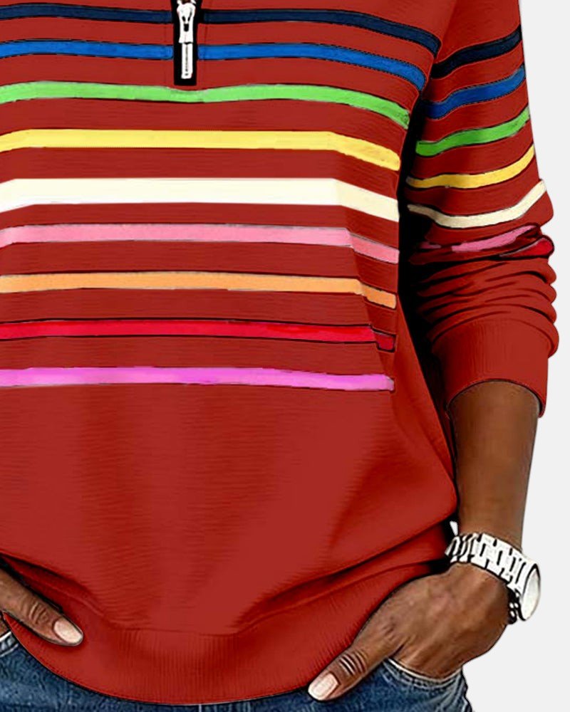 BEAUMONT NICE | SWEAT-SHIRT À COL ZIPPER QUART DE LONGUEUR RAYÉ POUR FEMMES