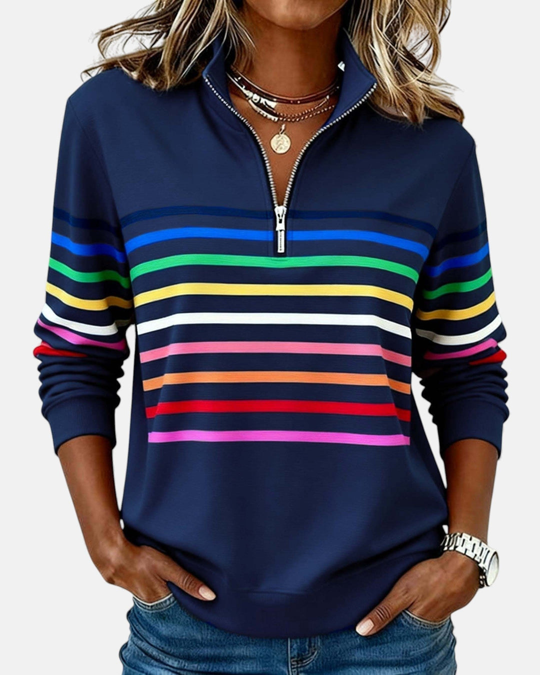 BEAUMONT NICE | SWEAT-SHIRT À COL ZIPPER QUART DE LONGUEUR RAYÉ POUR FEMMES