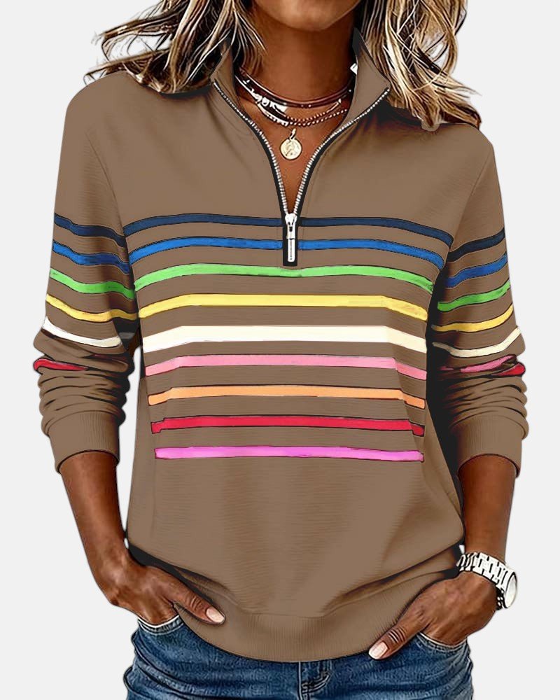 BEAUMONT NICE | SWEAT-SHIRT À COL ZIPPER QUART DE LONGUEUR RAYÉ POUR FEMMES