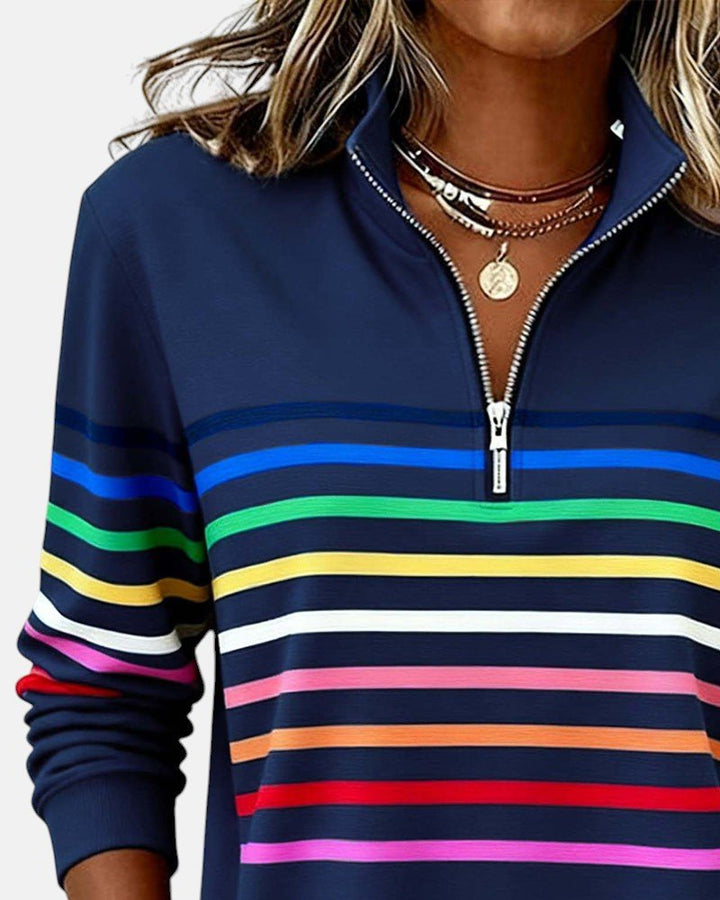 BEAUMONT NICE | SWEAT-SHIRT À COL ZIPPER QUART DE LONGUEUR RAYÉ POUR FEMMES